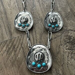 By The Bay NY Necklace/Earring Set,silver tone cowgirl hat,faux turquoise stones
